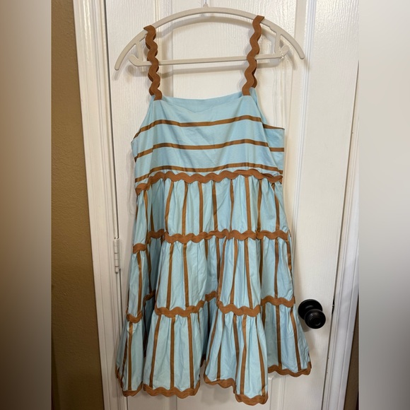 H082 Entro L pp18 unstretched Scalloped Light Blue and Tan Mini Dress side zip - Picture 5 of 12